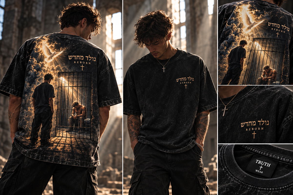 TRUTH WEAR Reborn Tee modeled front and back — DROP 033